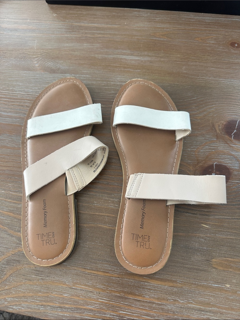 Time and Tru Two-Strap Slide Sandals in Cream and Tan